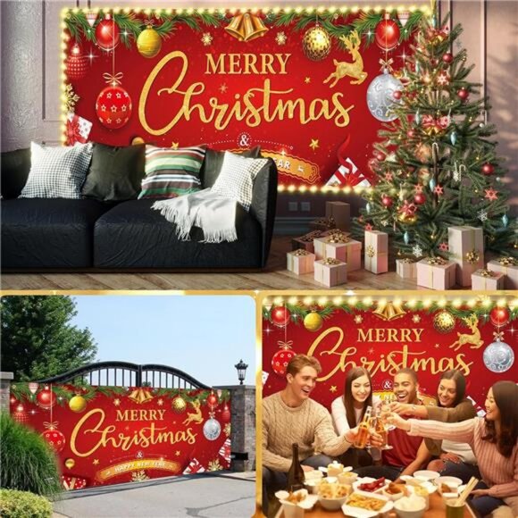 Christmas Garage Door Cover, 7 x 16 ft Christmas Garage Door  7 x 16Ft 2024 Large Christmas Double Garage Door Cover Backdrop